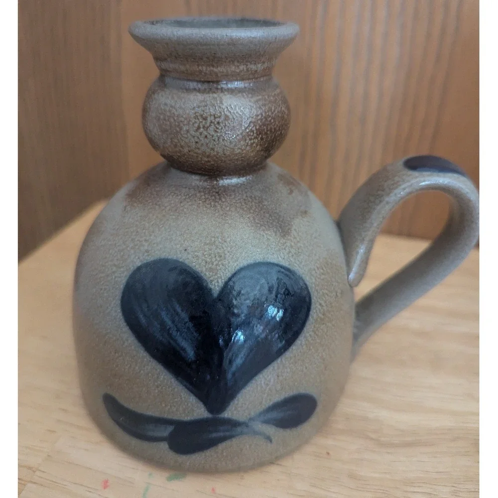 Rowe Pottery Works Salt Glazed Stoneware Heart Candlestick Chamber Handled 5